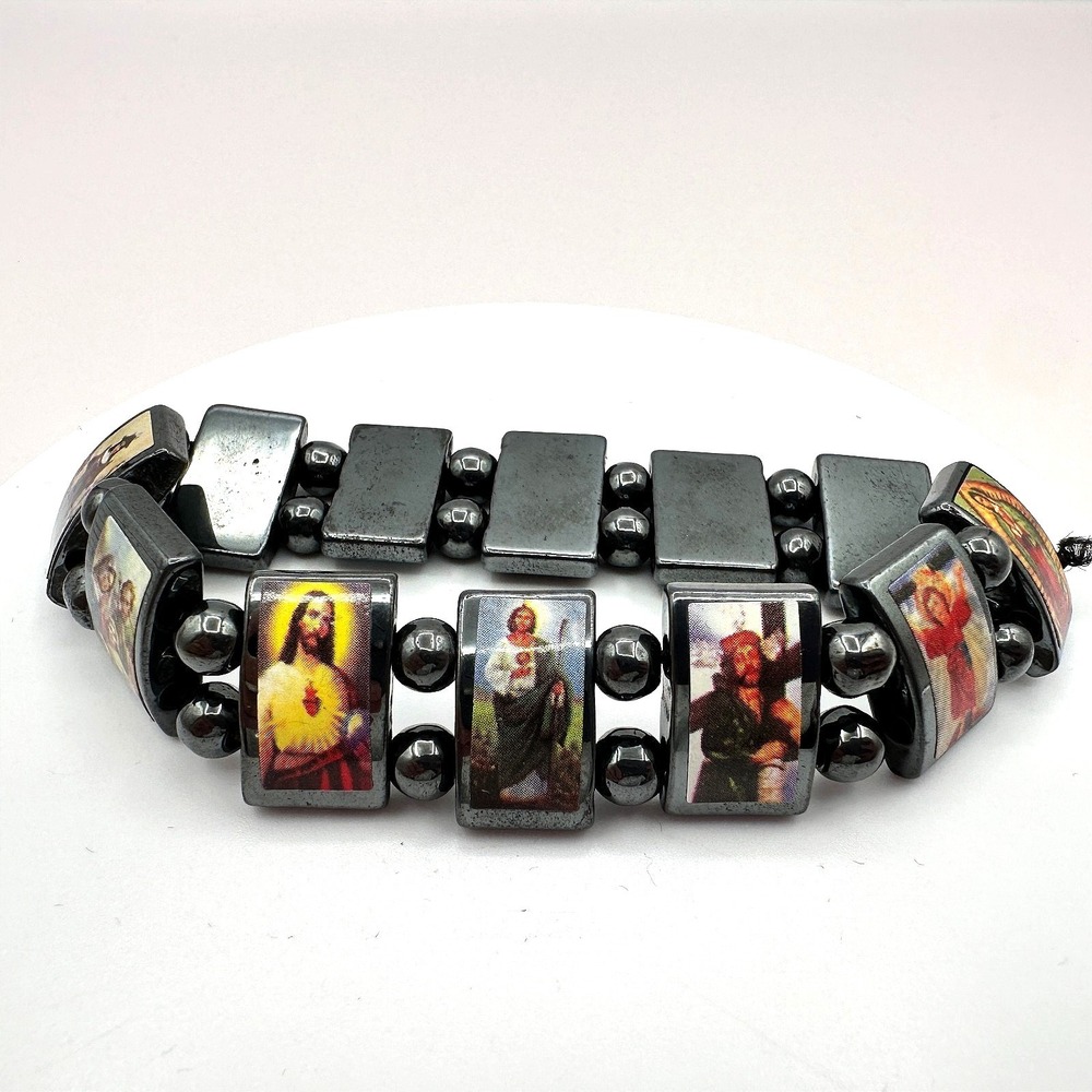 Vintage Hematite Religious Stretch Bracelet Catholic Saints Icons‎ Metallic Gray
